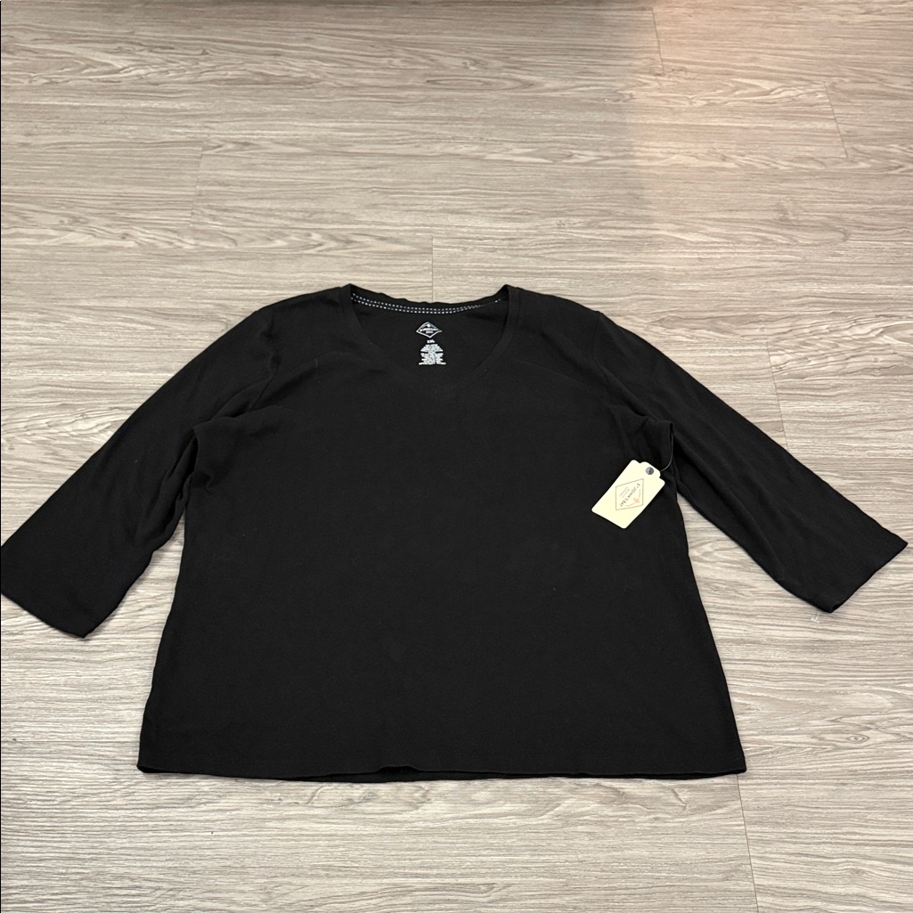 St Johns Bay Womens T-Shirt Black 3/4 Sleeve V-Neck Pullover Cotton Knit Sz Xxl